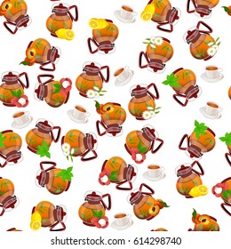 Very high quality original trendy vector seamless pattern teapot with peach, chamomile, lemon and mint tea