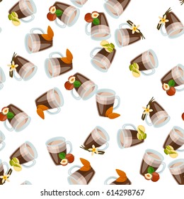 Very high quality original trendy vector seamless pattern with hazelnut, almonds, almonds and pistachio hot chocolate cup