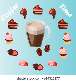 Very high quality original trendy vector illustration cup of coffee and strawberry sweets