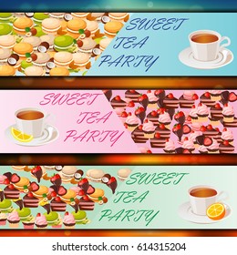 Very high quality original trendy vector banner set with sweets and cup of tea
