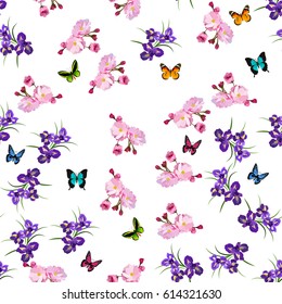 Very high quality original trendy vector seamless pattern with Purple Iris and plum flowers