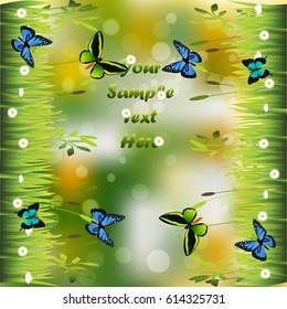 Very high quality original trendy illustration of grass with flowers and butterfly frame for text or card
