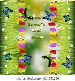 Very high quality original trendy illustration of grass with flowers, tulip and butterfly frame for text or card