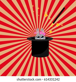 Very high quality original trendy vector illustration of magic hat with girl bunny or rabbit and wand with sparkles