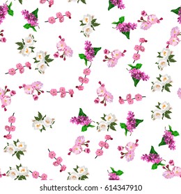 Very high quality original trendy realistic vector seamless pattern with rose bush or bouquet of roses, plum flower and lilac flower. Spring or summer design