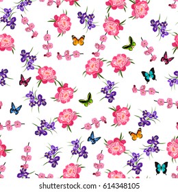 Very high quality original trendy vectot seamless pattern with Purple Iris, peony and plum flowers