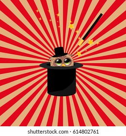 Very high quality original trendy vector illustration of magic hat with owl in hat and wand with sparkles