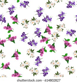 Very high quality original trendy realistic vector seamless pattern with rose bush or bouquet of roses, iris flower and lilac flower. Spring or summer design