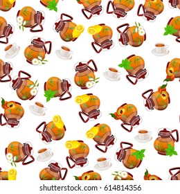 Very high quality original trendy vector seamless pattern teapot with peach, chamomile, lemon and mint tea