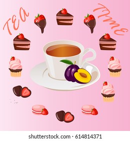 Very high quality original trendy vector illustration cup of plum tea and strawberry sweets