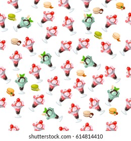 Very high quality original trendy seamless pattern with chocolate, cherry and mint ice cream in a glass