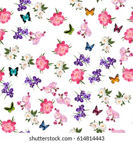 Very high quality original trendy realistic vector seamless pattern with rose bush or bouquet of roses, peony flower and iris flower. Spring or summer design