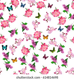 Very high quality original trendy vector seamless pattern with blooming lilac and peony flower. Spring or summer design