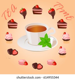 Very high quality original trendy vector illustration cup of mint tea and strawberry sweets