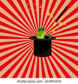 Very high quality original trendy vector illustration of magic hat with crocodile or alligator and wand with sparkles