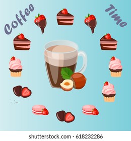 Very high quality original trendy vector illustration cup of hazelnut coffee and strawberry sweets