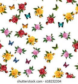 Very high quality original trendy realistic vector seamless pattern with rose bush or bouquet of roses and butterfly