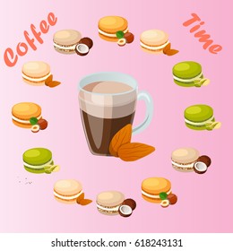 Very high quality original trendy vector illustration cup of almonds coffee and macaroons cookie with different taste