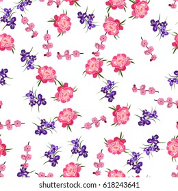 Very high quality original trendy vector seamless pattern with Purple Iris, peony and plum flowers