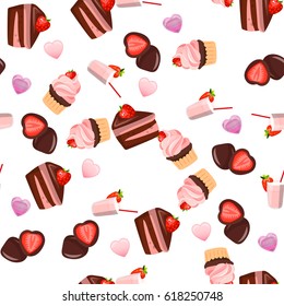 Very high quality original trendy vector seamless pattern with a strawberry chocolate pancake and milkshake