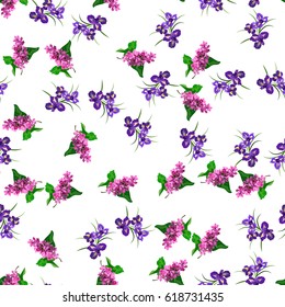 Very high quality original trendy vector seamless pattern with blooming lilac and iris flower. Spring or summer design