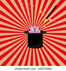 Very high quality original trendy vector illustration of magic hat with cat and wand with sparkles