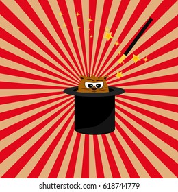 Very high quality original trendy vector illustration of magic hat with cat and wand with sparkles