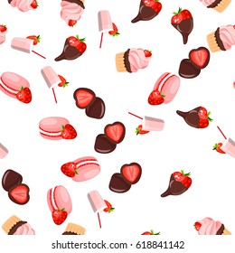 Very high quality original trendy vector seamless pattern with a strawberry in chocolate and milkshake