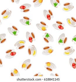 Very high quality original trendy vector seamless pattern tea cup with mint and strawberry, orange, lemon