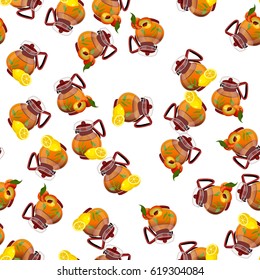 Very high quality original trendy vector seamless pattern teapot with peach and lemon tea