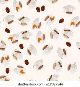 Very high quality original trendy vector seamless pattern with almonds and cinnamon hot chocolate cup