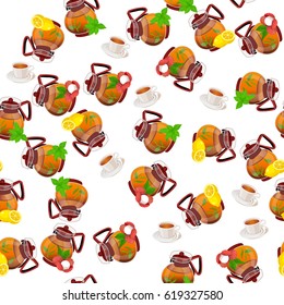 Very high quality original trendy vector seamless pattern teapot with lemon, lychee and mint tea