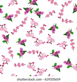Very high quality original trendy vector seamless pattern with blooming lilac and plum flower. Spring or summer design