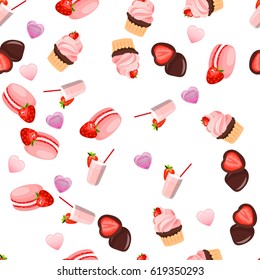 Very high quality original trendy vector seamless pattern with a strawberry chocolate pancake and macaroons