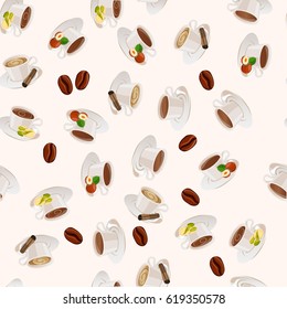 Very high quality original trendy vector seamless pattern with hazelnut, pistachio and cinnamon hot chocolate cup