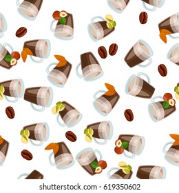 Very high quality original trendy vector seamless pattern with hazelnut, almonds, and pistachio hot chocolate cup