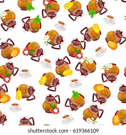 Very high quality original trendy vector seamless pattern teapot with chamomile, orange, lychee and mint tea