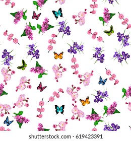 Very high quality original trendy vector seamless pattern with blooming lilac, plum and iris flower. Spring or summer design