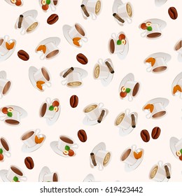 Very high quality original trendy vector seamless pattern with hazelnut, almonds and cinnamon hot chocolate cup