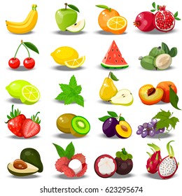 Very high quality original trendy vector set of realistic juicy fruits. pomegranate, apple, pear, orange, watermelon, lemon, cherry, banana, feijoa Fully editable vector