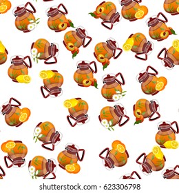 Very high quality original trendy vector seamless pattern teapot with peach, chamomile, orange and lemon tea