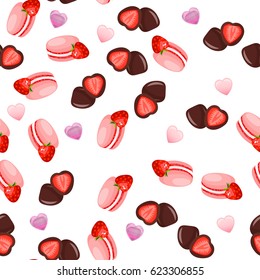 Very high quality original trendy vector seamless pattern with a strawberry in chocolate and macaroons