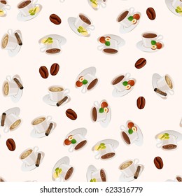 Very high quality original trendy vector seamless pattern with hazelnut, pistachio and cinnamon hot chocolate cup