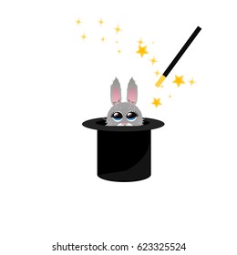 Very high quality original trendy vector illustration of magic hat with bunny or rabbit and wand with sparkles