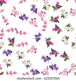 Very high quality original trendy realistic vector seamless pattern with rose bush or bouquet of roses, plum flower and lilac flower. Spring or summer design