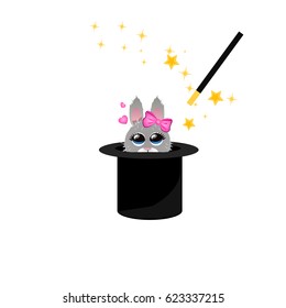 Very high quality original trendy vector illustration of magic hat with girl bunny or rabbit and wand with sparkles