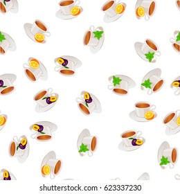 Very high quality original trendy vector seamless pattern tea cup with plum and mint, orange