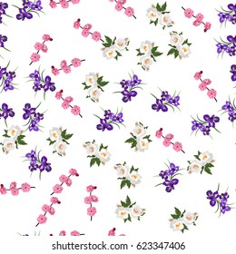 Very high quality original trendy realistic vector seamless pattern with rose bush or bouquet of roses, plum flower and iris flower. Spring or summer design