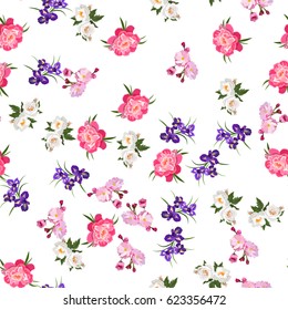 Very high quality original trendy realistic vector seamless pattern with rose bush or bouquet of roses, peony flower and iris flower. Spring or summer design