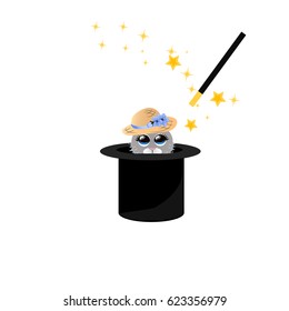 Very high quality original trendy vector illustration of magic hat with bunny or rabbit in hat and wand with sparkles